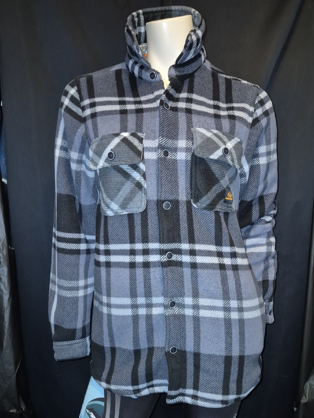 REALTREE Grey & Black Plaid Button-Up Fleece Shirt Jacket Size Small